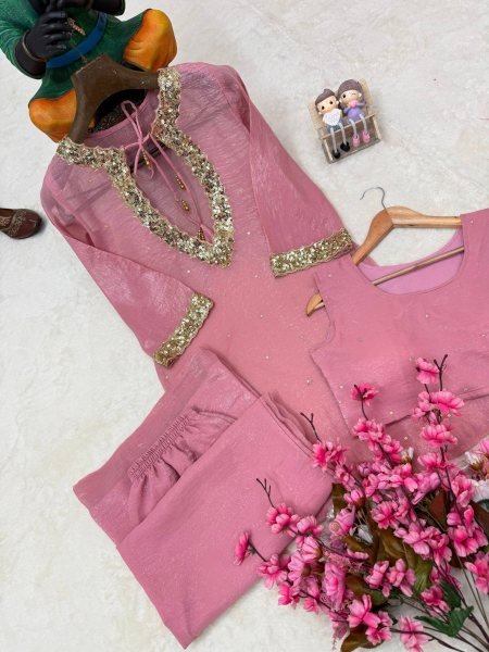 Flawless Pink Party Wear Crunchy Silk Kurti Palazzo Set with Designer Blouse From Direct Factory  CO ORD Sets