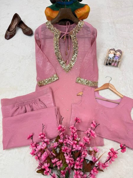 Flawless Pink Party Wear Crunchy Silk Kurti Palazzo Set with Designer Blouse From Direct Factory  CO ORD Sets