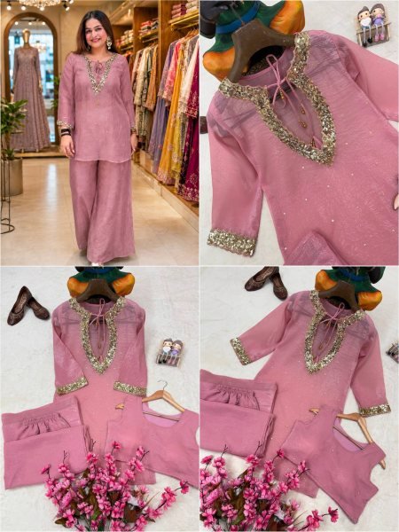 Flawless Pink Party Wear Crunchy Silk Kurti Palazzo Set with Designer Blouse From Direct Factory  CO ORD Sets