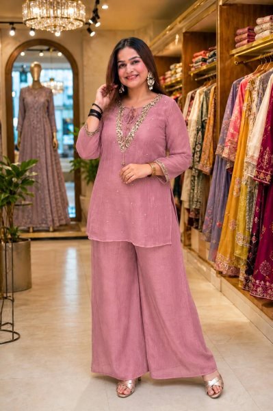 Flawless Pink Party Wear Crunchy Silk Kurti Palazzo Set with Designer Blouse From Direct Factory  CO ORD Sets