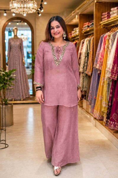 Flawless Pink Party Wear Crunchy Silk Kurti Palazzo Set with Designer Blouse From Direct Factory  CO ORD Sets