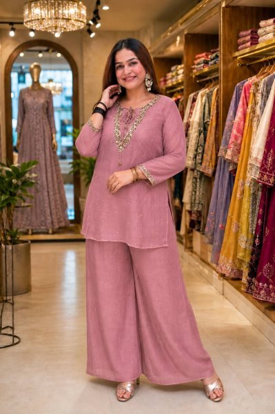 Flawless Pink Party Wear Crunchy Silk Kurti Palazzo Set with Designer Blouse From Direct Factory  CO ORD Sets