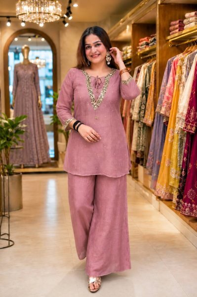 Flawless Pink Party Wear Crunchy Silk Kurti Palazzo Set with Designer Blouse From Direct Factory  CO ORD Sets