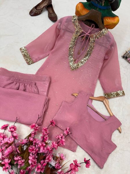 Flawless Pink Party Wear Crunchy Silk Kurti Palazzo Set with Designer Blouse From Direct Factory  CO ORD Sets
