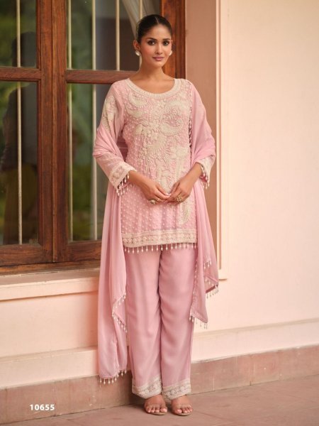 Flawless Pink Real Georgette Palazzo Suit with Designer Dupatta for Women 