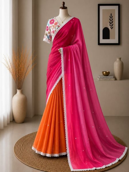 Flawless Pink Soft Peding Linen Saree with Mirror Work and White Embroidered Work Embroidery Sarees Wholesale