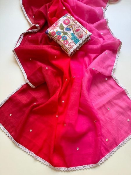 Flawless Pink Soft Peding Linen Saree with Mirror Work and White Embroidered Work Embroidery Sarees Wholesale