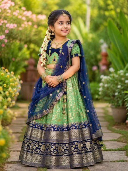 Flawless Pista Temple Kids Half Saree with Pure Silk Lehenga for Festive Wear Kurtis