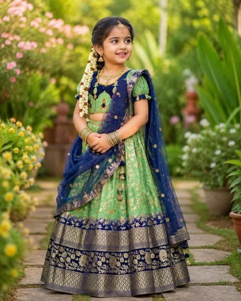 Flawless Pista Temple Kids Half Saree with Pure Silk Lehenga for Festive Wear Girls Wear