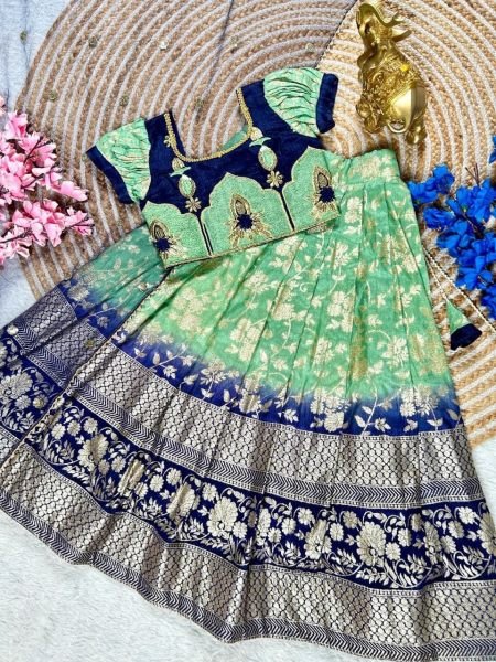 Flawless Pista Temple Kids Half Saree with Pure Silk Lehenga for Festive Wear Girls Wear
