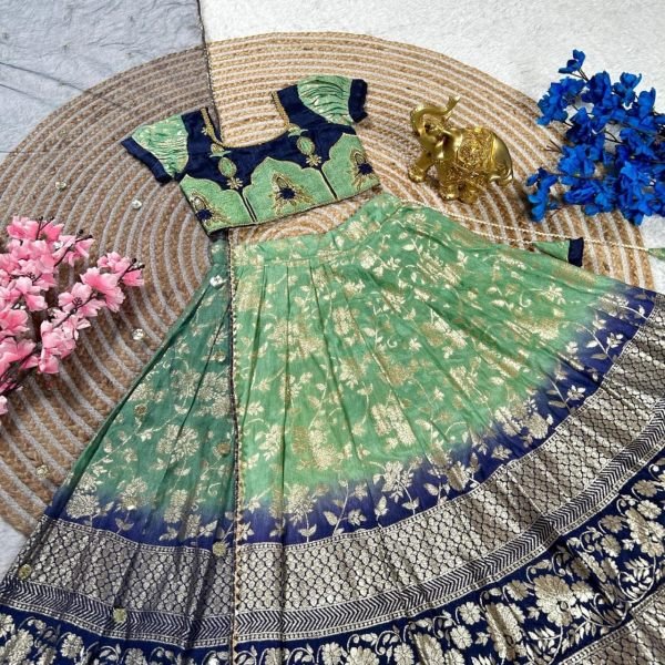 Flawless Pista Temple Kids Half Saree with Pure Silk Lehenga for Festive Wear Girls Wear
