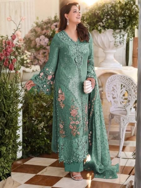 Flawless Rama Chiffon Suit with Heavy Embroidery Handwork and Cutwork for Festival Salwar Kameez