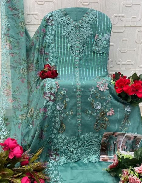 Flawless Rama Chiffon Suit with Heavy Embroidery Handwork and Cutwork for Festival Pakistani Suits Wholesale