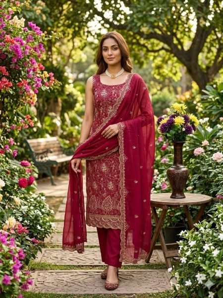 Flawless Rani Pink Women's Vichitra Silk Unstitched Suit Material with Dupatta Dress Material 