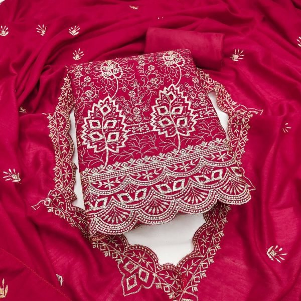 Flawless Rani Pink Women's Vichitra Silk Unstitched Suit Material with Dupatta Color Set Matching Dress Material Wholesale
