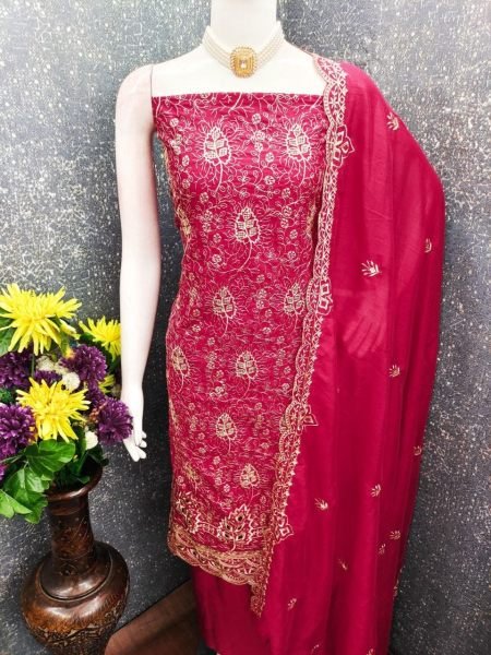 Flawless Rani Pink Women's Vichitra Silk Unstitched Suit Material with Dupatta Color Set Matching Dress Material Wholesale