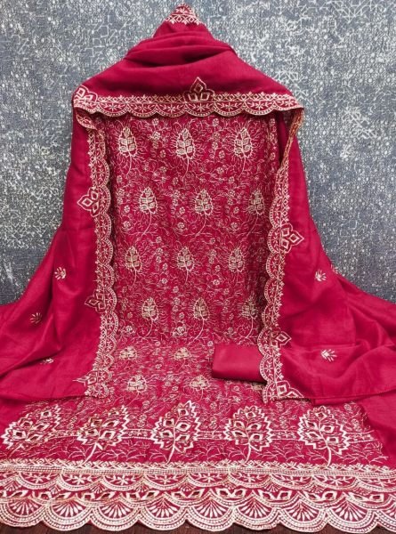 Flawless Rani Pink Women's Vichitra Silk Unstitched Suit Material with Dupatta Color Set Matching Dress Material Wholesale