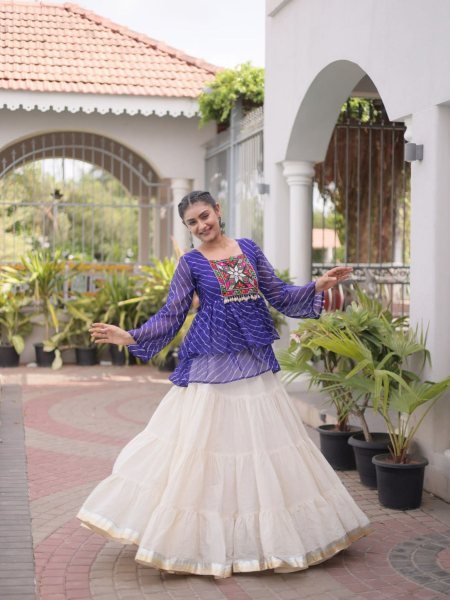 Flawless Royal Blue Premium Navratri Kora Cotton Lehenga Choli with Kutchi Gamthi Patchwork  Lehenga