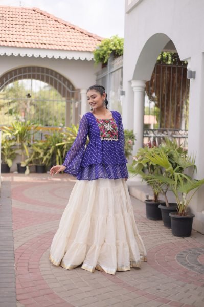 Flawless Royal Blue Premium Navratri Kora Cotton Lehenga Choli with Kutchi Gamthi Patchwork Navratri Lehnega Choli