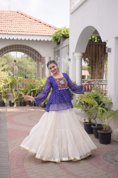 Flawless Royal Blue Premium Navratri Kora Cotton Lehenga Choli with Kutchi Gamthi Patchwork Navratri Lehnega Choli