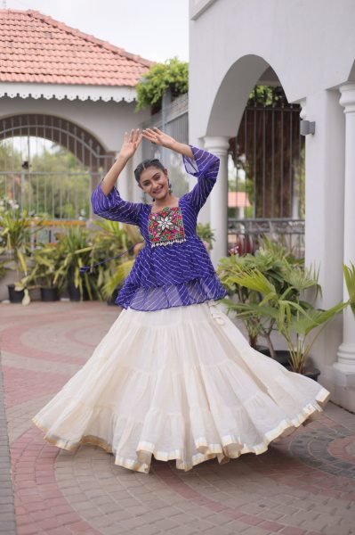 Flawless Royal Blue Premium Navratri Kora Cotton Lehenga Choli with Kutchi Gamthi Patchwork Navratri Lehnega Choli
