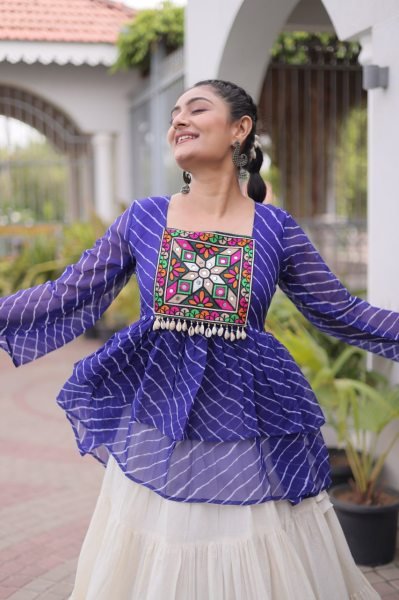Flawless Royal Blue Premium Navratri Kora Cotton Lehenga Choli with Kutchi Gamthi Patchwork Navratri Lehnega Choli