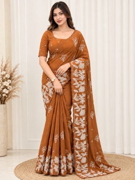 Flawless Rust Party Wear Mul Chiffon Saree with Self Thread Embroidery at Manufacturer Rate Sarees 