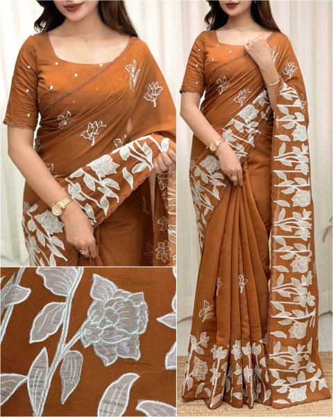 Flawless Rust Party Wear Mul Chiffon Saree with Self Thread Embroidery at Manufacturer Rate Pure Chiffon Sarees Wholesale