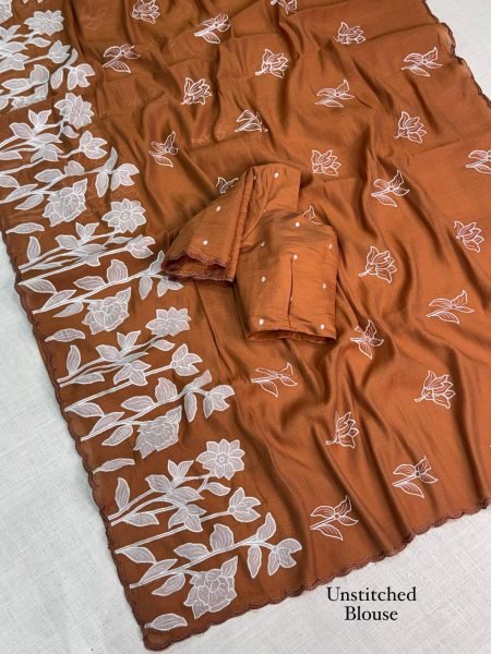 Flawless Rust Party Wear Mul Chiffon Saree with Self Thread Embroidery at Manufacturer Rate Pure Chiffon Sarees Wholesale