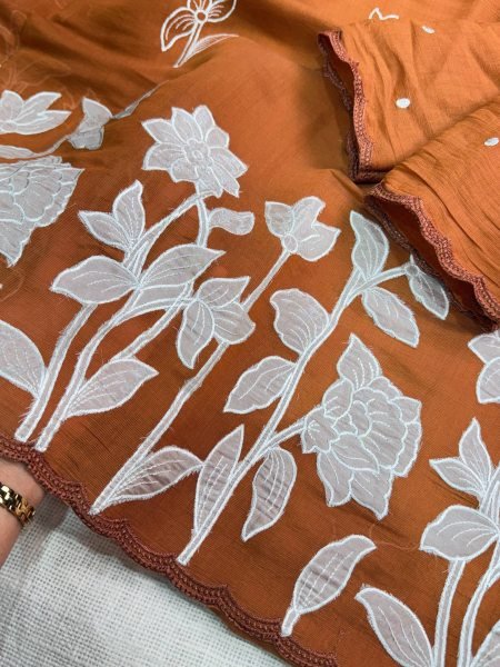Flawless Rust Party Wear Mul Chiffon Saree with Self Thread Embroidery at Manufacturer Rate Pure Chiffon Sarees Wholesale
