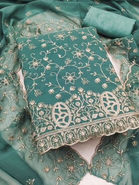 Flawless Sea Green Original Georgette Dress Material with Zari Work For Party 