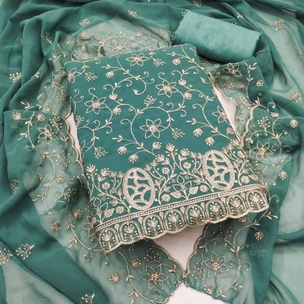 Flawless Sea Green Original Georgette Dress Material with Zari Work For Party Color Set Matching Dress Material Wholesale