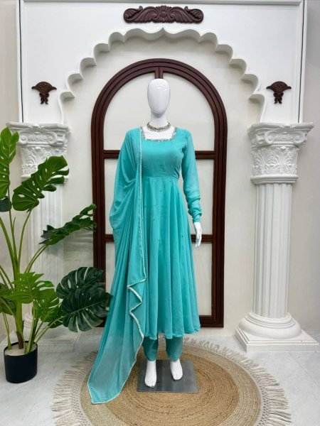 Flawless Sky Blue  Women s Anarkali Suit with Mirror Work and Pearl Lace Dupatta  