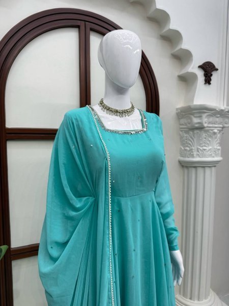 Flawless Sky Blue  Women s Anarkali Suit with Mirror Work and Pearl Lace Dupatta  Ready To Wear Collection