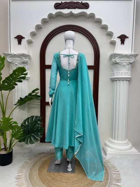 Flawless Sky Blue  Women s Anarkali Suit with Mirror Work and Pearl Lace Dupatta  Ready To Wear Collection