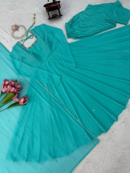 Flawless Sky Blue  Women s Anarkali Suit with Mirror Work and Pearl Lace Dupatta  Ready To Wear Collection