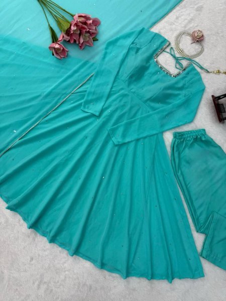 Flawless Sky Blue  Women s Anarkali Suit with Mirror Work and Pearl Lace Dupatta  Ready To Wear Collection