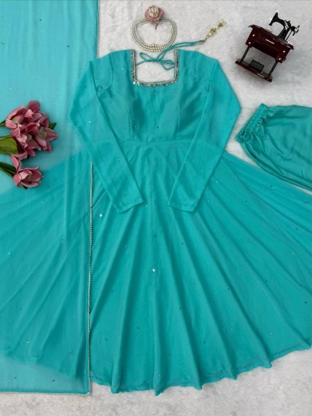 Flawless Sky Blue  Women s Anarkali Suit with Mirror Work and Pearl Lace Dupatta  Ready To Wear Collection