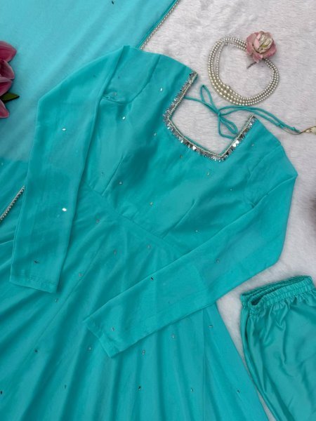 Flawless Sky Blue  Women s Anarkali Suit with Mirror Work and Pearl Lace Dupatta  Ready To Wear Collection