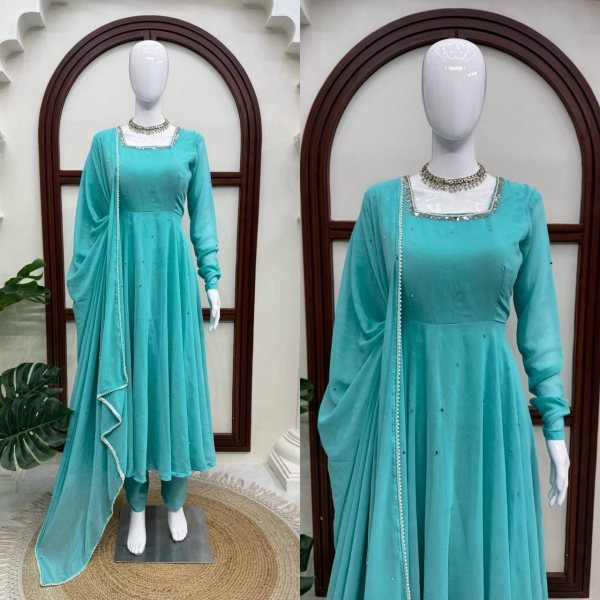 Flawless Sky Blue  Women s Anarkali Suit with Mirror Work and Pearl Lace Dupatta  Ready To Wear Collection