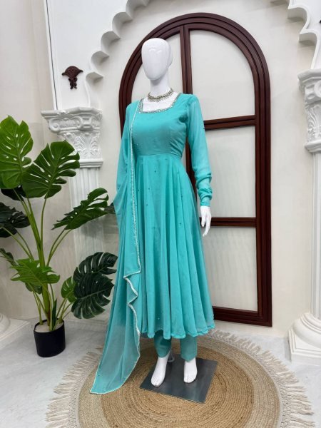 Flawless Sky Blue  Women s Anarkali Suit with Mirror Work and Pearl Lace Dupatta  Ready To Wear Collection
