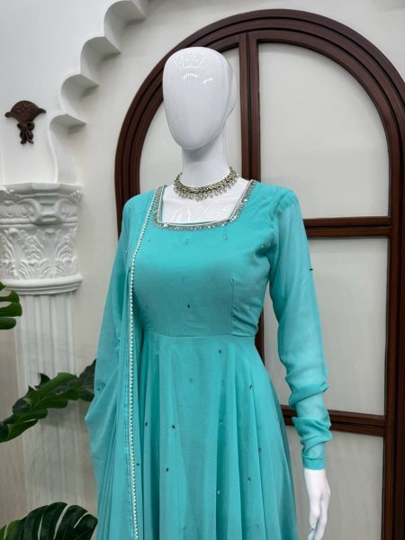 Flawless Sky Blue  Women s Anarkali Suit with Mirror Work and Pearl Lace Dupatta  Ready To Wear Collection