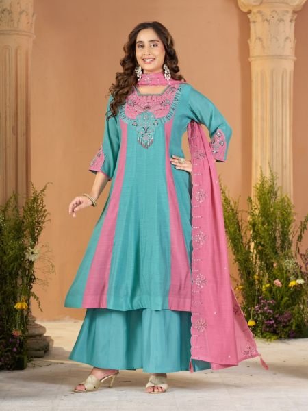 Flawless Teal Designer Mal Chanderi Anarkali Suit with Heavy Embroidered Dupatta Kurtis