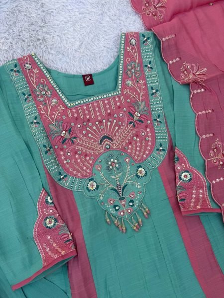 Flawless Teal Designer Mal Chanderi Anarkali Suit with Heavy Embroidered Dupatta Anarkali Kurtis 