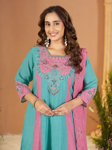 Flawless Teal Designer Mal Chanderi Anarkali Suit with Heavy Embroidered Dupatta Anarkali Kurtis 