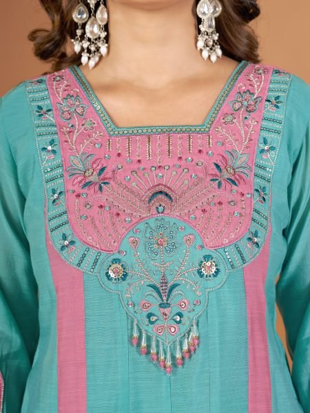 Flawless Teal Designer Mal Chanderi Anarkali Suit with Heavy Embroidered Dupatta Anarkali Kurtis 