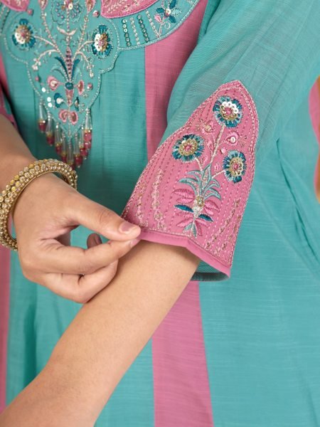 Flawless Teal Designer Mal Chanderi Anarkali Suit with Heavy Embroidered Dupatta Anarkali Kurtis 