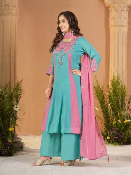 Flawless Teal Designer Mal Chanderi Anarkali Suit with Heavy Embroidered Dupatta Anarkali Kurtis 