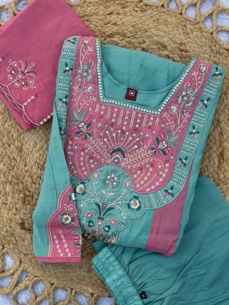 Flawless Teal Designer Mal Chanderi Anarkali Suit with Heavy Embroidered Dupatta Anarkali Kurtis 