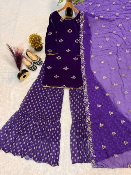 Flawless Velvet Heavy Sequence Work  Short Top Suit with Flared Georgette Sharara   Lace Dupatta     Perfect for Party Wear Ready To Wear Collection